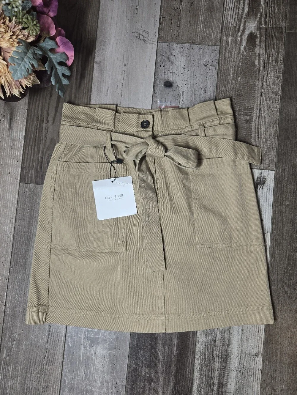 NWT Above Able Blu Pepper Tan Paperbag Waist Mini Skirt with Tie Women's Small